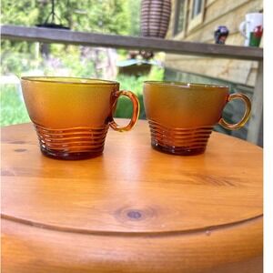 Vintage Ondine Amber Glass Tea Cups Set of 2 Orange Mid Century Modern Duralex